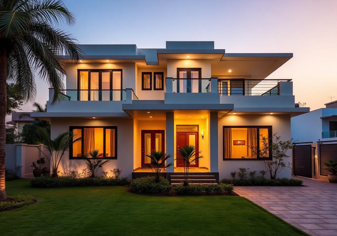 Finished modern bungalow at dusk